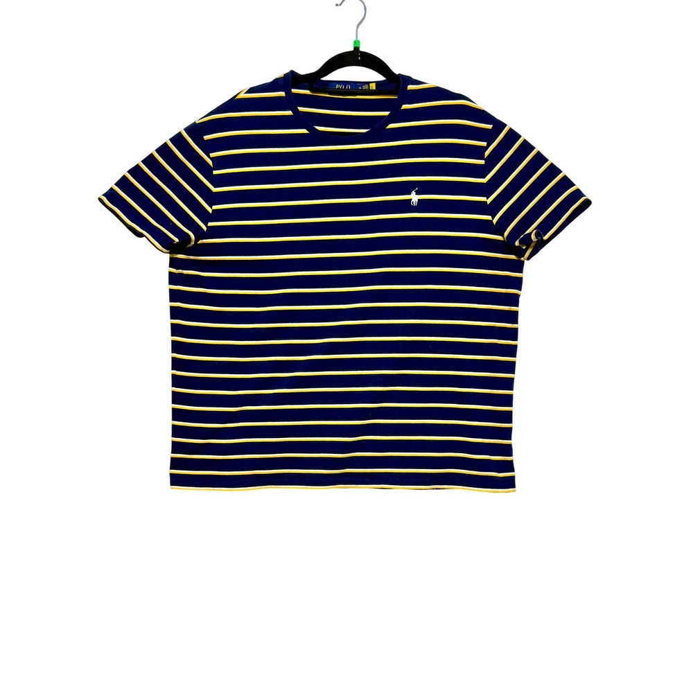 Polo Ralph Lauren Mens XL Striped T-Shirt Navy Blue Yellow White Crew Neck Pony